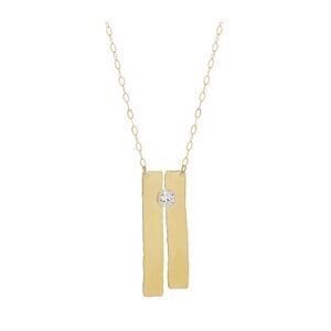14K Plated Gold Hammered Bar Pendant Necklace with Cubic Zirconia Stone